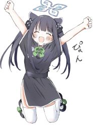 Rule 34 | 1girl, animal ears, arms up, black dress, black footwear, black hair, black ribbon, blue archive, blush, china dress, chinese clothes, clenched hands, closed eyes, dress, full body, hair ribbon, halo, highres, long hair, meeeeeeco359, open mouth, ribbon, shoes, short sleeves, shun (blue archive), shun (small) (blue archive), simple background, solo, thighhighs, white background, white thighhighs