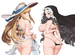 Rule 34 | 2girls, absurdres, arms behind back, ass, bikini, bikini pull, black bikini, black hair, blonde hair, blush, breasts, brown dust, butt crack, character request, clothes pull, hat, highres, hoyo, huge filesize, large breasts, long hair, looking at viewer, looking back, medium breasts, multiple girls, open mouth, red eyes, sarong, see-through, shiny skin, simple background, smile, sun hat, swimsuit, veil, wavy hair, white background, white bikini