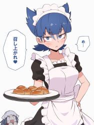 Rule 34 | 2girls, :&lt;, absurdres, akari (pokemon), alternate costume, apron, black dress, blue eyes, blue hair, blunt bangs, blush, breasts, closed mouth, coin (pokemon), collarbone, commentary request, creatures (company), dress, enmaided, facepaint, food, frilled apron, frilled dress, frills, game freak, half-closed eyes, hand on own hip, highres, holding, holding tray, japanese text, kurachi mizuki, looking at viewer, maid, maid apron, maid headdress, medium breasts, multiple girls, nintendo, pokemon, pokemon legends: arceus, short sleeves, speech bubble, sweatdrop, translation request, tray, white apron, white background