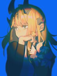 Rule 34 | 1girl, absurdres, arknights, blonde hair, blue background, blue flower, blurry, closed mouth, commentary request, flower, green eyes, highres, horns, long hair, long sleeves, playing with own hair, reed (arknights), simple background, solo, spotlight, stay-strange