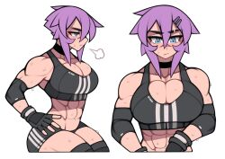 Rule 34 | 1girl, abs, absurdres, artist name, blue eyes, breasts, choker, commentary, crop top, english commentary, fingerless gloves, gloves, hair between eyes, highres, large breasts, maya (roadi3), multiple views, muscular, muscular female, original, purple hair, roadi3, scar, scar on arm, short hair, shorts, simple background, sports bra, sweat, thighhighs, watermark, white background
