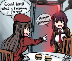 Rule 34 | 2girls, artist name, bad food, beret, brown hair, brown jacket, burger, chair, collared shirt, commentary, door, english commentary, english text, female commander (girls&#039; frontline), food, girls&#039; frontline, gloves, griffin &amp; kryuger military uniform, hat, highres, jacket, long hair, meme, multiple girls, necktie, open mouth, parody, red eyes, red headwear, red jacket, senpaihawkkun, shirt, signature, smoke, steamed hams (meme), the simpsons, wa2000 (girls&#039; frontline), white shirt
