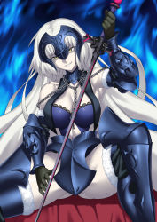 Rule 34 | 1girl, armor, armored dress, armpits, arms up, bare shoulders, black gloves, bnc (bunshi), boots, bra, breasts, chain, cleavage, elbow gloves, fate/grand order, fate (series), gloves, greaves, headpiece, highres, holding, holding sword, holding weapon, jeanne d&#039;arc (fate), jeanne d&#039;arc alter (avenger) (fate), jeanne d&#039;arc alter (avenger) (third ascension) (fate), jeanne d&#039;arc alter (fate), knee boots, lace, lace-trimmed bra, lace trim, large breasts, long hair, looking at viewer, pale skin, parted lips, reverse grip, shaded face, sitting, smile, solo, spread legs, sword, underwear, vambraces, very long hair, weapon, white hair