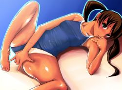 Rule 34 | 1girl, blush, breasts, brown hair, clothing aside, covered erect nipples, female masturbation, kagenjoujo, masturbation, medium breasts, one-piece swimsuit, one-piece tan, small breasts, solo, spread legs, swimsuit, swimsuit aside, tan, tanline, twintails, wyxeww (pixiv9988)