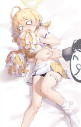 Rule 34 | 1boy, 1girl, absurdres, ahoge, doodle sensei (blue archive), blonde hair, blue archive, braid, breasts, commentary request, halo, highres, holding, holding pom poms, kotori (blue archive), kotori (cheer squad) (blue archive), lying, medium breasts, midriff, millennium cheerleader outfit (blue archive), navel, o o, official alternate costume, on side, plump, pom pom (cheerleading), pom poms, sensei (blue archive), short hair, short twintails, single braid, skirt, socks, soeyumi, tears, triangle halo, twintails, two-tone skirt, white skirt, white socks, yellow halo