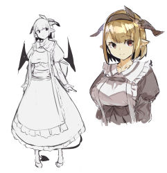 Rule 34 | 1girl, :o, apron, blush, breasts, brown hair, brown hairband, closed mouth, collared dress, commentary request, cropped torso, curled horns, demon girl, demon horns, demon tail, demon wings, dress, frilled apron, frilled dress, frills, grey dress, hairband, highres, horns, juliet sleeves, long sleeves, medium breasts, multiple views, original, parted lips, puffy sleeves, red eyes, shoes, simple background, standing, tail, white apron, white background, wings, yuuji (yukimimi)