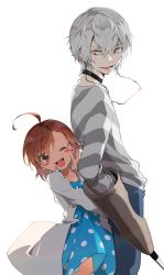 Rule 34 | 1boy, 1girl, absurdres, accelerator (toaru majutsu no index), age difference, ahoge, albino, blue dress, blue pants, blush stickers, brown eyes, brown hair, choker, commentary, crutch, dress, earphones, hana (h6n6 matsu), happy, height difference, highres, lab coat, last order (toaru majutsu no index), looking at another, looking down, monochrome, one eye closed, open mouth, pale skin, pants, polka dot, polka dot dress, raised eyebrows, red eyes, sanpaku, shirt, short hair, simple background, smile, striped clothes, striped shirt, toaru kagaku no railgun, toaru majutsu no index, v, white background, white hair, white shirt