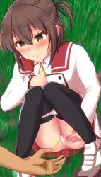 Rule 34 | 1girl, absurdres, anus, black thighhighs, brown hair, censored, disembodied hand, etou kanami, even p, highres, outdoors, panties, panty pull, peeing, pussy, school uniform, sparkle, squatting, thighhighs, toji no miko, underwear, yellow eyes