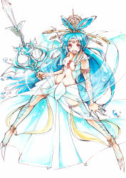 Rule 34 | 1girl, armlet, armor, blue hair, bracelet, center opening, choker, die waage, djinn equip, dress, earrings, fish girl, forehead jewel, hair ornament, hair rings, hair stick, jewelry, lance, long hair, looking at viewer, lots of jewelry, magi the labyrinth of magic, midriff, navel, open mouth, polearm, red eyes, ren kougyoku, revealing clothes, simple background, solo, spear, spread legs, standing, stomach, sword, water, weapon, white background
