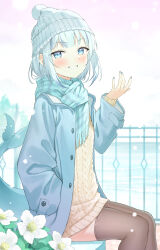 Rule 34 | 1girl, black thighhighs, blue hair, blue headwear, blue jacket, blue nails, blue scarf, blunt bangs, blush, breasts, fence, fins, fish tail, flower, gawr gura, grey sweater, hand in pocket, highres, hololive, hololive english, jacket, looking at viewer, medium breasts, multicolored hair, nail polish, scarf, shark girl, shark tail, sidelocks, smile, snow, solo, streaked hair, sweater, tail, takumi11, thighhighs, virtual youtuber, white flower, white hair