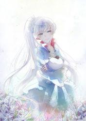 Rule 34 | 1girl, blue eyes, crossed arms, emo (ricemo), flower, highres, jewelry, long hair, necklace, ponytail, rwby, scar, scar across eye, scar on face, side ponytail, solo, very long hair, weiss schnee, white hair