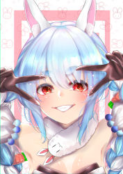 Rule 34 | 1girl, absurdres, animal ear fluff, animal ears, black gloves, blue hair, blush, braid, breasts, carrot hair ornament, coat, creature, don-chan (usada pekora), double v, food-themed hair ornament, gloves, grin, hair ornament, highres, hololive, huge filesize, leotard, long hair, looking at viewer, multicolored hair, playboy bunny, rabbit ears, scarf, smile, solo, thick eyebrows, twin braids, two-tone hair, urotare, usada pekora, usada pekora (1st costume), v, virtual youtuber, white coat, white hair