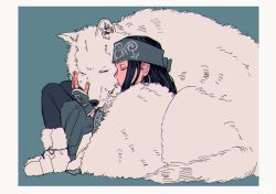 Rule 34 | 1girl, ainu, ainu clothes, animal, animal hug, asirpa, bandana, black hair, black pants, blue background, boots, cape, closed eyes, closed mouth, commentary request, ear piercing, earrings, framed, from side, full body, fur cape, golden kamuy, he lsinki, highres, hoop earrings, hug, jewelry, long hair, long sleeves, pants, piercing, retar, simple background, sitting, white cape, white footwear, white wolf, wide sleeves, wolf