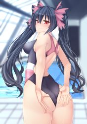 Rule 34 | 1girl, adjusting clothes, adjusting swimsuit, ass, bare shoulders, black hair, blush, bow, breasts, competition swimsuit, deep skin, dura, embarrassed, from behind, hair bow, hand on ass, highres, large breasts, long hair, looking back, looking down, neptune (series), noire (neptunia), one-piece swimsuit, red eyes, rei no pool, sideboob, solo, swimsuit, twintails, very long hair, wedgie