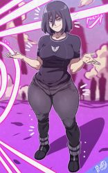 Rule 34 | 1girl, artist name, black hair, black pants, black shirt, breasts, character name, collarbone, curvy, d-art, highres, large breasts, looking at viewer, mikasa ackerman, pants, shingeki no kyojin, shirt, shoes, short sleeves, smile, solo, thick thighs, thighs, tight clothes, tight pants, wide hips
