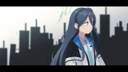 Rule 34 | 1girl, absurdly long hair, absurdres, ao12073010, aris (blue archive), black hair, blue archive, blue eyes, blue necktie, blurry, breast pocket, building, collared shirt, commentary, depth of field, facing away, hair between eyes, hairband, halo, highres, jacket, long hair, long sleeves, multicolored clothes, multicolored jacket, necktie, one side up, open clothes, open jacket, pocket, school uniform, shirt, sidelocks, silhouette, simple background, skyline, skyscraper, solo, two-tone jacket, very long hair, white shirt