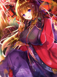 Rule 34 | 1girl, absurdres, amagi (azur lane), animal ears, azur lane, bad id, bad pixiv id, blunt bangs, breasts, brown hair, choker, commentary request, fox ears, hair ornament, highres, japanese clothes, kimono, large breasts, long hair, open mouth, purple eyes, smile, solo, tail, tub (abcehknqux), wide sleeves