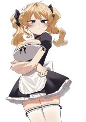 Rule 34 | 1girl, 2l (2lsize), apron, black bow, black dress, blonde hair, blue eyes, blush, bow, breasts, cleavage, commission, crossed arms, dress, frilled thighhighs, frills, hair bow, highres, indie virtual youtuber, large breasts, long hair, looking at viewer, maid apron, maid headdress, pout, simple background, skeb commission, solo, takamura takako, thighhighs, twintails, virtual youtuber, white apron, white background, white thighhighs, zettai ryouiki