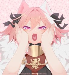 Rule 34 | 2boys, animal ears, astolfo (fate), black ribbon, blush, cat ears, cheek squash, fang, fate/apocrypha, fate (series), hair between eyes, hair intakes, hair ribbon, hands on another&#039;s face, happy, heart, heart in mouth, multiple boys, ribbon, skin fang, solo focus, srinitybeast, tagme, trap, watermark, web address