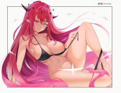 Rule 34 | 1girl, ass, bikini, bikini bottom pull, blue eyes, blush, breasts, commentary, crystal wings, double halo, english commentary, feet, greatodoggo, halo, heterochromia, highres, hololive, hololive english, horns, irys (hololive), large breasts, long hair, looking at viewer, multicolored hair, multiple horns, nipples, one breast out, pointy ears, purple eyes, purple hair, red hair, smile, solo, star halo, streaked hair, swimsuit, toes, undressing, virtual youtuber