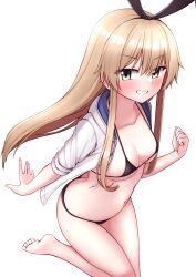 Rule 34 | 1girl, absurdres, alternate costume, bikini, black bikini, black hairband, blonde hair, breasts, brown eyes, cleavage, commentary request, grin, hairband, highres, jacket, kantai collection, long hair, looking at viewer, micro bikini, shimakaze (kancolle), simple background, small breasts, smile, solo, standing, standing on one leg, swimsuit, tiemu (man190), white background, white jacket