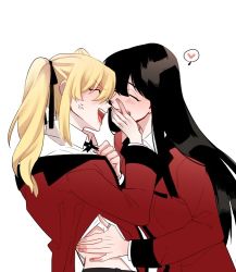 Rule 34 | 2girls, anger vein, black hair, blonde hair, closed eyes, commentary request, covering another&#039;s mouth, hand over another&#039;s mouth, happy, heart, hyakkaou academy school uniform, jabami yumeko, jewelry, kakegurui, long hair, medium hair, mmotu 123, multiple girls, open mouth, ring, saotome mary, school uniform, simple background, spoken heart, teeth, upper teeth only, white background, yuri