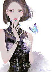 Rule 34 | 1girl, bob cut, bracelet, brown hair, bug, butterfly, dress, earrings, floral print, flower, fur, high collar, insect, jewelry, kato sayaka, lips, lipstick, looking at viewer, makeup, nail polish, necklace, original, pearl necklace, peony (flower), red lips, short hair, simple background, twitter username, upper body, white background