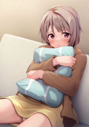 Rule 34 | 1girl, :/, blush, bob cut, brown background, brown hair, brown hoodie, casual, closed mouth, commentary, couch, dress, embarrassed, hair between eyes, highres, holding, holding pillow, hood, hood down, hoodie, indoors, long sleeves, looking at viewer, love live!, love live! nijigasaki high school idol club, nakasu kasumi, hugging object, on couch, open clothes, open hoodie, panties, pantyshot, pillow, pillow hug, purple eyes, raised eyebrows, short dress, short hair, sitting, solo, toyasu aina, underwear, white panties, worried, yellow dress