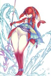 Rule 34 | 1girl, bad id, bad pixiv id, breasts, colored skin, feet, fins, fish girl, full body, gem, hair ornament, highres, jewelry, legs, lipstick, looking at viewer, makeup, mekara (uroko 18), mipha, multicolored skin, nintendo, polearm, red lips, simple background, solo, spear, standing, the legend of zelda, the legend of zelda: breath of the wild, water, weapon, white background, yellow eyes, zora