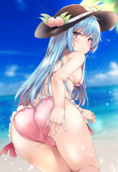 Rule 34 | 1girl, ass, beach, bikini, black hat, blue hair, blue sky, blurry, blurry background, breasts, closed mouth, cloud, cloudy sky, day, food, frilled bikini, frills, from behind, fruit, hand on own ass, hat, highres, hinanawi tenshi, leaning forward, long hair, looking at viewer, looking back, medium breasts, peach, pink bikini, red eyes, revision, sand, sky, solo, string bikini, swimsuit, touhou, water, yuhito (ablbex)