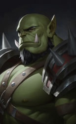 Rule 34 | 1boy, absurdres, bald, bara, beard, closed mouth, colored skin, commentary, facial hair, green skin, highres, looking at viewer, male focus, mature male, muscular, muscular male, nat vitchayed, orc, original, pointy ears, solo, thick eyebrows, tusks