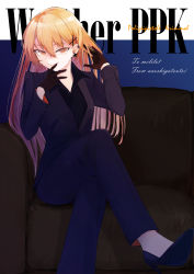 Rule 34 | 1girl, aaoshigatoutoi, absurdres, adjusting hair, alternate costume, black gloves, black shirt, blonde hair, couch, earrings, formal, girls&#039; frontline, gloves, hair ornament, hairclip, hand to own mouth, highres, jewelry, crossed legs, long hair, open collar, pants, ppk (girls&#039; frontline), shirt, sitting, smile, solo, suit, yellow eyes