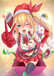 Rule 34 | 1girl, absurdres, bare shoulders, black ribbon, black thighhighs, blonde hair, blurry, blurry background, blush, box, breasts, bustier, christmas, cleavage, cleavage cutout, clothing cutout, confetti, crop top, elbow gloves, flower, foreshortening, fur trim, gift, gift box, gloves, hair between eyes, hair ribbon, hat, highres, kurofude anna, large breasts, long hair, looking at viewer, midriff, miniskirt, mirai akari, mirai akari project, navel, open mouth, pleated skirt, red flower, red gloves, red hat, red rose, red skirt, ribbon, rose, santa costume, santa hat, side ponytail, skirt, solo, star (symbol), thighhighs, v, very long hair, virtual youtuber, wind