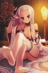 Rule 34 | &gt;:), 1girl, absurdres, ashikaga kazuha yoshiteru, ass, babydoll, breast slip, breasts, candle, censored, cleavage, convenient censoring, crossed legs, detached sleeves, feet, frilled thighhighs, frills, futon, garter straps, halterneck, highres, huge filesize, japanese clothes, katagiri hinata, kimono, large breasts, lingerie, long hair, nexton, no shoes, official art, one breast out, open clothes, open kimono, purple eyes, scan, sengoku koihime ~otome kenran sengoku emaki~, sitting, smile, soles, thighhighs, toes, underwear, untied, v-shaped eyebrows, very long hair, white hair, white thighhighs