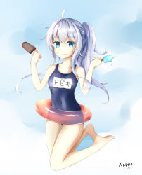 Rule 34 | 1girl, ahoge, alternate hairstyle, blue eyes, breasts, closed mouth, food, food on face, full body, gradient background, hair between eyes, hibiki (kancolle), highres, ice cream, innertube, kantai collection, long hair, looking at viewer, omuretu (butterroru), one-piece swimsuit, ponytail, school swimsuit, silver hair, small breasts, solo, swim ring, swimsuit, thighs