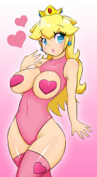 Rule 34 | 1girl, artist request, blonde hair, blue eyes, breasts, heart, heart-shaped pupils, heart pasties, highres, large breasts, lips, mario (series), nintendo, pasties, princess peach, solo, super mario bros. 1, symbol-shaped pupils, thick thighs, thighs