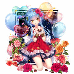 Rule 34 | balloon, bare legs, blue hair, candy, chocolate, chocolate heart, dress, flower, food, full body, hair flower, hair ornament, heart, heart balloon, hieihirai, holding, kneeling, looking at viewer, original, short hair, short hair with long locks, solo, twintails, wrist belt, yellow eyes