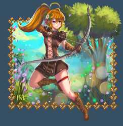 Rule 34 | 1girl, arrow (projectile), blue sky, boots, bow (weapon), bracer, brown footwear, brown gloves, brown hair, brown shorts, cross-laced clothes, day, drawing bow, flower, full body, gloves, hair flower, hair ornament, holding bow (weapon), lanfanarts, legband, long hair, midriff, navel, outdoors, ponytail, purple eyes, shorts, signature, sky, solo, thigh strap, tree, tree of savior, weapon