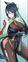 Rule 34 | 1girl, absurdres, aqua eyes, aqua hair, blue hair, bodystocking, breasts, capelet, cloud retainer (genshin impact), colored inner hair, commentary request, cowboy shot, feifu, genshin impact, glasses, highres, large breasts, long hair, looking at viewer, multicolored hair, no eyewear, parted lips, red-framed eyewear, solo, thighs, very long hair, xianyun (genshin impact)