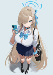 Rule 34 | 1girl, absurdly long hair, alternate costume, asuna (blue archive), bag, black choker, blue archive, blue bow, blue eyes, blue halo, blue nails, bow, breasts, button gap, cellphone, choker, cleavage, full body, halo, highres, holding, holding phone, large breasts, light brown hair, loafers, long hair, looking at viewer, nail polish, phone, pleated skirt, school uniform, scrunchie, shirt, shoes, shoulder bag, skirt, smartphone, smile, solo, standing, su-102, very long hair, white background, white shirt, wrist scrunchie