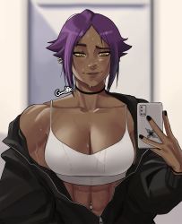 Rule 34 | 1girl, abs, black jacket, black nails, bleach, blush, breasts, brown lips, cellphone, cleavage, collarbone, commentary, crop top, dark-skinned female, dark skin, ear piercing, english commentary, fingernails, gud0c, highres, holding, holding phone, jacket, medium breasts, multiple piercings, nail polish, navel piercing, no bra, nose piercing, nose ring, off shoulder, parted bangs, partially unzipped, phone, piercing, purple hair, raised eyebrow, selfie, shihouin yoruichi, short hair, smartphone, solo, spaghetti strap, sweat, yellow eyes