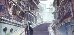 Rule 34 | 1girl, graffiti, hatsune miku, highres, hill, house, long hair, looking back, scarf, solo, udlj331, vocaloid