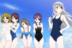 Rule 34 | 10s, 5girls, bad id, bad pixiv id, black one-piece swimsuit, blue one-piece swimsuit, grabbing another&#039;s breast, character request, cloud, competition school swimsuit, day, enuru, eyepatch, grabbing, hands on own chest, highres, infinite stratos, laura bodewig, multiple girls, new school swimsuit, old school swimsuit, one-piece swimsuit, outdoors, school swimsuit, schwarzer hase, sky, strap slip, swimsuit, white school swimsuit, white one-piece swimsuit