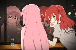 Rule 34 | 2girls, blue eyes, blush, bocchi the rock!, bow, closed mouth, commentary request, cube hair ornament, drinking straw, from behind, gotoh hitori, green eyes, hair between eyes, hair ornament, head rest, highres, holding hands, indoors, interlocked fingers, jacket, kita ikuyo, krill55, long hair, long sleeves, looking at another, multiple girls, night, one side up, open mouth, pink hair, pink jacket, pink track suit, red bow, red hair, reflection, sailor collar, school uniform, serafuku, short sleeves, sitting, smile, track jacket, very long hair, window, yuri