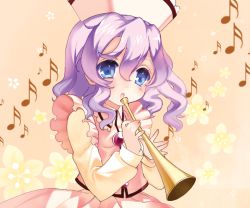 Rule 34 | 1girl, bad id, bad pixiv id, blue eyes, cosmos (the crying moon), female focus, hat, instrument, light purple hair, long sleeves, merlin prismriver, musical note, short hair, solo, touhou