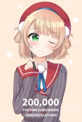 Rule 34 | 1girl, ;), bad id, bad pixiv id, beret, blush, brown background, closed mouth, collared shirt, commentary request, congratulations, green eyes, grey jacket, hair ornament, hair rings, hand up, hat, heart, highres, holding, holding stylus, indie virtual youtuber, jacket, light brown hair, long sleeves, looking at viewer, milestone celebration, one eye closed, pinstripe pattern, pom pom (clothes), pom pom hair ornament, red hat, red sailor collar, sailor collar, seventeen (st17215), shigure ui (channel), shigure ui (vtuber), shigure ui (vtuber) (1st costume), shirt, short hair, sleeves past wrists, smile, solo, star (symbol), striped clothes, striped jacket, stylus, upper body, vertical-striped clothes, vertical-striped jacket, virtual youtuber, white shirt