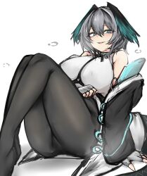 Rule 34 | 1girl, absurdres, aqua eyes, arknights, bare shoulders, between breasts, black pantyhose, breasts, coat, dress, feathered wings, feet out of frame, fingerless gloves, gloves, grey hair, hair between eyes, head wings, highres, ho&#039;olheyak (arknights), infection monitor (arknights), large breasts, long sleeves, looking at viewer, medium hair, mitarashi renge, open clothes, pantyhose, parted lips, pencil dress, simple background, smile, snake tail, solo, strap between breasts, tail, white dress, white gloves, wings