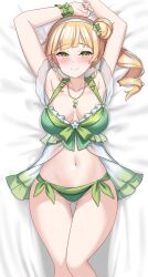 Rule 34 | 1girl, armpits, bare shoulders, bed sheet, bikini, blonde hair, blunt bangs, blush, bow, bow bikini, breasts, breasts apart, closed mouth, collarbone, commentary request, commission, detached sleeves, feet out of frame, fingernails, green bikini, green bow, green eyes, groin, hair bun, hair ornament, hairband, halterneck, heanna sumire, highres, jewelry, kibihimi, long hair, looking at viewer, love live!, love live! superstar!!, lying, medium breasts, navel, necklace, official alternate costume, official alternate hairstyle, on back, pendant, see-through, side-tie bikini bottom, side ponytail, single side bun, skeb commission, smile, solo, star (symbol), star hair ornament, star necklace, stomach, swimsuit, thigh gap, white hairband, wrist cuffs