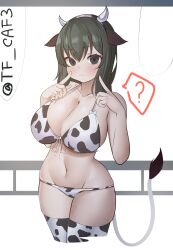 Rule 34 | !, 1girl, absurdres, akitsu maru (kancolle), alternate costume, animal ears, animal print, bikini, black eyes, black hair, breasts, cow ears, cow horns, cow print, cow tail, cowboy shot, fake animal ears, fake horns, front-tie bikini top, front-tie top, highres, horns, index fingers raised, kantai collection, large breasts, lowleg, lowleg bikini, pale skin, pointing, pointing at self, short hair, solo, spoken exclamation mark, swimsuit, tail, tf cafe, thighhighs, twitter username, white thighhighs