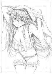 Rule 34 | 1girl, absurdres, armpits, blush, breasts, cleavage, closed mouth, cowboy shot, greyscale, hair between eyes, haruna (kancolle), highres, kantai collection, kojima takeshi, long hair, looking at viewer, monochrome, panties, solo, striped clothes, striped panties, underwear